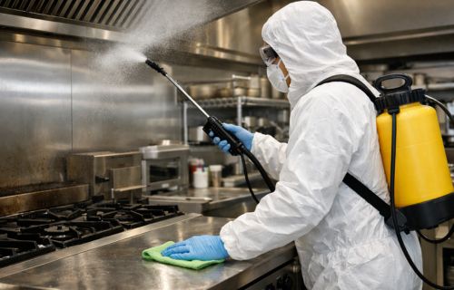 Higienização profissional de cozinha industrial com desinfecção completa