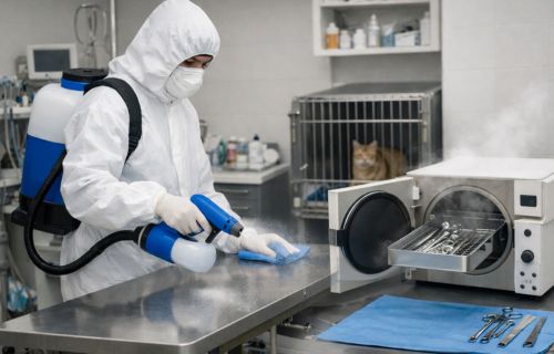 Desinfecção e esterilização em clínicas veterinárias com controle de contaminação cruzada